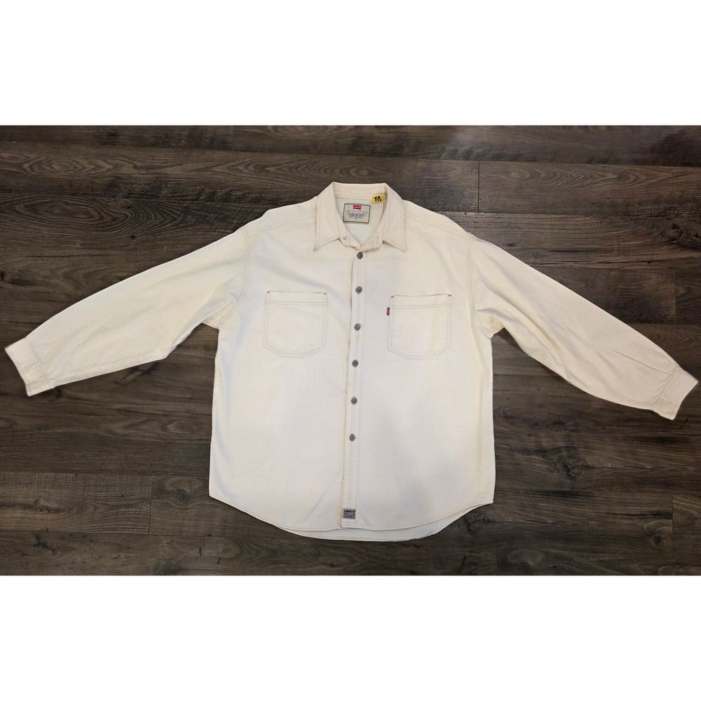 Men szXL Vintage 80s 90s Levis Red Tab Cream Denim Button Down Shirt 100% Cotton
